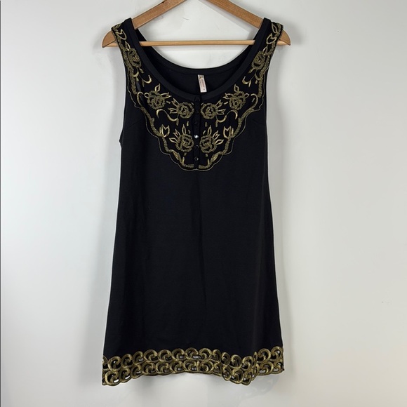 Free People • Black Gold Button Embroidered Front Fit Flare Sheath Dress Size 12 - Picture 2 of 8